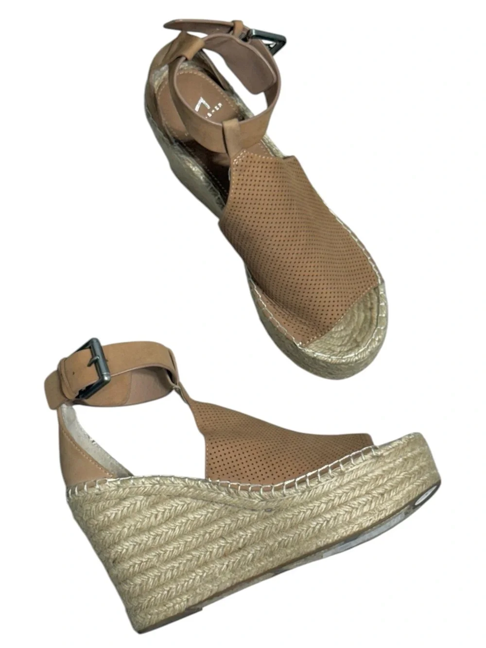 Marc Fisher Mlannie Perforated Leather Espadrille Wedge Sandals Brown Tan Size 7